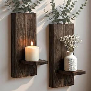 lot 25717 image: Treory Wood Wall Planter Set of 2, Wooden Wall-Mounted Vase with Shelf for Plants & Candles, Farmhouse Hanging Wall Decor for Living Room, Bedroom, Bathroom, Entryway, Narrow Spaces, 13.8 x 5 - Retail $20