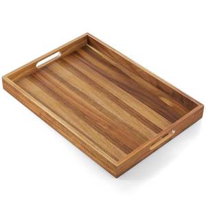 lot 25730 image: 17 Inch Acacia Wood Serving Tray with Handles - Large Wooden Tray for Ottoman, Breakfast in Bed, Dinner, Coffee Table - Decorative Rectangular Tray for Living Room Bedroom Entryway and Kitchen - Retail $26