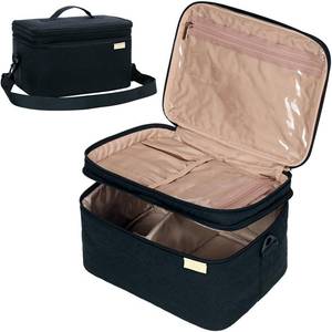lot 25740 image: NISHEL Extra Large Double Layer Travel Makeup Bag Women, Cosmetic Organizer Case, Essentials Accessories with Shoulder Strap for Bottles, Brushes, Conditioner, Skin Care Products, Black