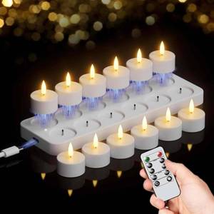 lot 29975 image: GenSwin 12 Rechargeable Tea Lights Candles with Charging Base and Remote Timer, Flameless LED Tealight Candles Battery Operated Halloween Fall Wedding Table Centerpieces (1.57 x 1.85) - Retail $35