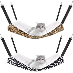 lot 29990 image: Jetec 2 Pack Cat Hammock for Cage, Catio Accessories Reversible Soft Cats Bed with Adjustable Straps and Hooks Double-Sided Linen and Fleece Hanging Hammock for Cats, Kitten(Leopard and Dot,L) - Retail $15