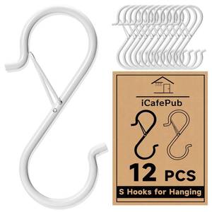 lot 30012 image: iCafePub 12 PCS S Hooks for Hanging with Safety Buckle, 3.5 inch Heavy Duty Metal S Shaped Hooks Stainless Steel for Hanging Kitchen Utensil, Cups, Pots, Plants, Bags, Hats (White) - Retail $9