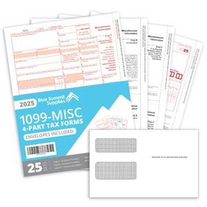 lot 30014 image: Blue Summit 1099 MISC Forms 2025 with Envelopes, 4 Part Tax Forms Kit, 25 Vendor Kit of Laser Forms, Compatible with QuickBooks and Accounting Software, 25 Self Seal Envelopes Included - Retail $25