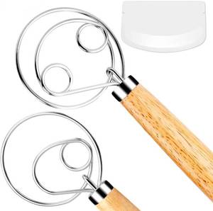 lot 39951 image: FUANRTK Danish Dough Whisk Bread Mixer 2 Pack Premium Stainless Steel Dutch Whisk With a Dough Scraper for Bread, Pastry or Pizza Dough - Perfect Baking - Retail $10