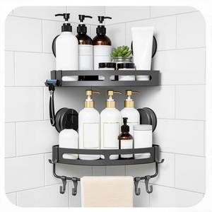lot 39965 image: XXKMDXW Corner Shower Caddy Suction Cup Shower Shelf Corner No Drilling Bathroom Shower Organizer Storage Rack Suction Cup Type with Towel Bar Hooks - Retail $23
