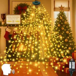 lot 39968 image: 2025 New Christmas Tree Lights with Voice Control OutdoorIndoor, 480LED 8FT 16 Lines Cascading Twinkle Lights Green Wire,12 Modes & Timer, Waterproof Waterfall Lights for Xmas Decor (Warm White) - Retail $18