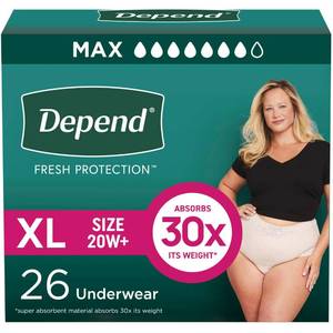 lot 48865 image: Depend Fresh Protection Adult Diapers, Incontinence & Postpartum Bladder Leak Underwear for Women, Disposable, Maximum, Extra-Large, Blush, 26 Count, Packaging May Vary - Retail $21