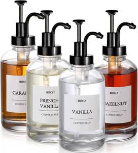 lot 51678 image: Coffee Bar Accessories,MHDCLY Coffee Syrup Dispenser - 4pack,16.9oz Syrup Dispenser with Labels Syrup Pump Dispenser for Coffee Bar(Black pump) - Retail $35