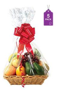 lot 51679 image: Purple Q Crafts Clear Cellophane Basket Bags 24x30 (5 Pack) MediumLarge Clear Gift Basket Wrap Bags for Baskets, and Party Presents Crystal Cello Bags for Gift Wrapping - Retail $5