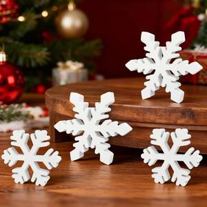 lot 51683 image: Wooden Snowflake Decorations for Table 4 PCS, Winter Wonderland Decor for Home Indoor Tiered Tray, Christmas Sign for Mantel Office Fireplace Bedroom, Holiday White Centerpiece for Kitchen House Desk - Retail $12