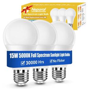 lot 51706 image: Neporal 15W Full Spectrum Light Bulb, 5000K UV-Free Natural Sunlight Bulbs, 15W 100W Equivalent LED Light Bulb, CRI 90, No Flicker,1200Lumen Daylight Sun Lamp for Home & Office,3PK - Retail $22