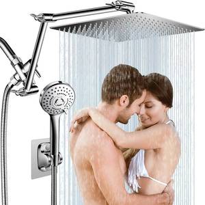 lot 25744 image: 12 Rain Shower Head Combo, High Pressure Rainfall Shower Head with 16 Flexible Adjustment of HeightAngle Upgraded Extension Arm and 5 Setting Spray Handheld Shower Head, Anti-leak (Chrome) (Pre Owned) - Retail $70