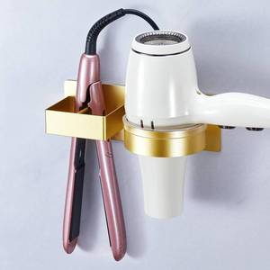 lot 25757 image: Wall Mount Hair Dryer and Straightener Holder, Metal Blow Dryer Holder Rack Adhesive, Hairdryer Holder for Bathroom Salon Barber Shops (Gold) - Retail $18