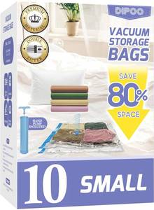 lot 25773 image: 10 Pack Small Vacuum Storage Bags with Hand Pump, 80% Storage Space Saving, Sturdy Leak-Free Space Saver Vacuum Seal Bags for Clothing, Vacuum Compression Bags for Travel Lugggage - Retail $13
