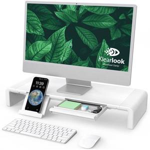 lot 25778 image: Monitor Stand Riser, Klearlook Foldable, Height Adjustable Computer Stand, Desk Shelf Riser with Storage Drawer &Tablet Phone Stand for Desktop, Laptop (White) - Retail $28