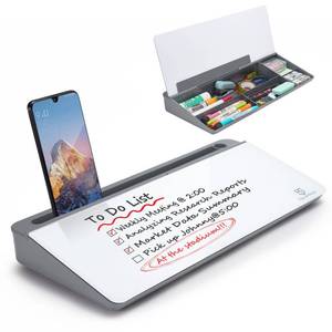 lot 25783 image: Small Desktop Glass Whiteboard Dry-Erase-Board - Computer Keyboard Stand White Board Surface Pad with Drawer, Desk Organizers with Accessories for Office, Home, School Supplies - Retail $28