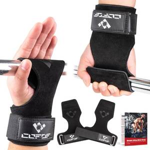 lot 30026 image: COFOF Weight Lifting Wrist Strap,Double Layer Leather Weightlifting Wrist Strap for Deadlift and Powerlifting, Adjustable Neoprene Padded Gym Workout Lifting Wrist Hooks for MenWomen(Pair) - Retail $20
