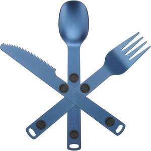 lot 30038 image: Magnetic Camping Utensil Set, Travel Cutlery Set, Knife, Fork & Spoon, Flatware Utensils for Camping, Cooking, and Outdoor Dining, 3-Pack, Blue - Retail $18