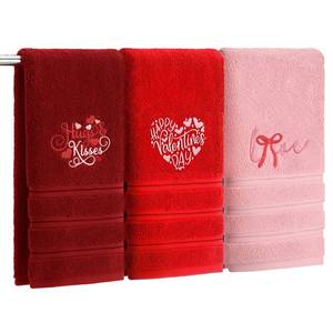 lot 30043 image: FuWeave 3 Pcs Valentines Day Hand Towels Happy Valentine Day Pink Heart Embroidered Decorative Towels 13.4X 29.1 Inch 100% Cotton Absorbent Soft Decor Housewarming Gift - Retail $18