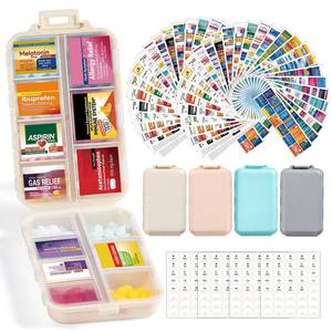 lot 30046 image: 4 Pack 14 Grids Travel Pill Organizer Box with 830-Pcs(2 Set) Medicine Name Labels - Pocket Daily Pharmacy Case Container Kit - Travel Medication Holder Dispenser for Fish Oil Vitamin Supplement - Retail $13