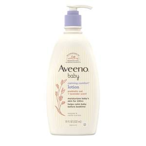 lot 30051 image: Aveeno Baby Calming Comfort Moisturizing Body Lotion with Relaxing Lavender & Vanilla Scents, Non-Greasy Baby Lotion, Nourishing Prebiotic Oatmeal, Paraben- & Phthalate-Free, 18 fl. oz - Retail $12
