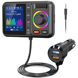 lot 39983 image: Nulaxy Bluetooth FM Transmitter for Car, Wireless Car Bluetooth V5.0 Adapter with Big Color Screen, Support QC3.0 Fast Charging, Hands-Free Call, MP3 Music Player BASS&TRE Booster, TF Card AUX-KM28 - Retail $28