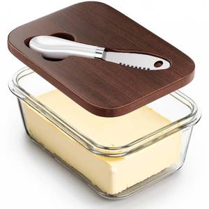 lot 39993 image: Glass Butter Dish with Acacia Wood and Knife, Airtight Seal for Freshness, Large Butter Dish for East and West Coast Butter, Ideal for Countertop and Refrigerator Storage (Acacia Wood Lid new) - Retail $17