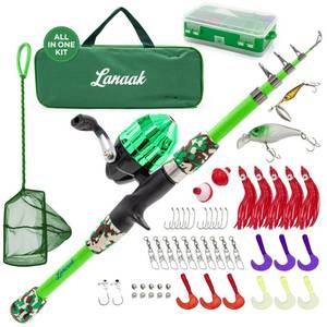 Lanaak Kids Fishing Pole and Tackle Box - with Net, Travel Bag, Reel and Beginners Guide - Rod and Reel Kit for Boys, Girls, or Youth (Green) - Retail: $35