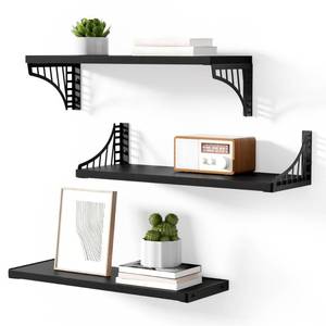 lot 48890 image: SRIWATANA Floating Shelves for Wall Decor, Bridge Design Wood Wall Shelves for Bedroom, Bathroom, Living Room & Kitchen, Set of 3 (Black) - Retail $30