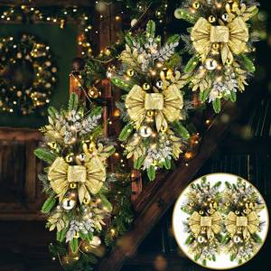 lot 48898 image: Lyrow 4 Pack Christmas Artificial Swags 24 Xmas The Cordless Prelit Stairway Swag Teardrop Trim Wreath Door Stair Garland Christmas Decoration for Outdoor Home Garden Decor(Gold,Rustic Style) - Retail $55