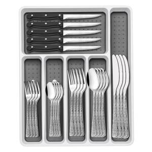 lot 48911 image: 49-Piece Silverware Set with Organizer, Food-Grade Stainless Steel Flatware for 8, Cutlery Utensil Sets with Steak Knives, Rust-proof, Mirror Polished, Dishwasher Safe, Silver Tree Pattern - Retail $40