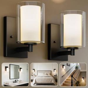 lot 48912 image: Kalium Wall Sconces Set of Two, Modern Vanity Lights with Double Clear Glass Shade Matte Black Indoor Farmhouse Wall Lights for Bathroom Living Room Bedroom Mirror Hallway Bulb E26 Base (2PCS) - Retail $43