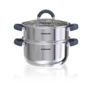 lot 48913 image: SUNHOUSE 3 Quarts Steamer Pots With Lid, 2-Tier Multipurpose Stainless Steel Steaming Pot Cookware With Stay-Cool Handles, Tri-ply Bottom, Compatible with All Cooktops - Retail $30