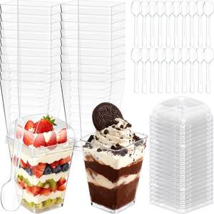 lot 48916 image: 5oz Plastic Dessert Cups with Lids and Spoons, Clear Small Yogurt Parfait Cups with Lids, Mini Dessert Shooter Cups with Spoons, Square Appetizer Cups for Party Fruit Pudding Trifle Ice Cream 20 Pack - Retail $8
