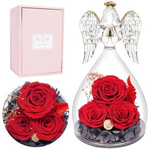 lot 48919 image: Miofula Preserved Flower Angel Rose Gifts for Women, Angel Figurines with Three Real Rose Gifts for Her Mom Grandma, Flowers Gift for Christmas Mothers Day Valentines Birthday Gift for Women, Red - Retail $10