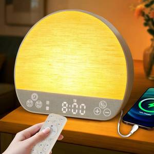 lot 48921 image: JONRRYIN Tap Snooze Sunrise Alarm Clock, Wake Up Light Alarm Clock with Remote Control, Bluetooth Speaker & USB Charging, 37 Sounds White Noise Machine, 15 Colors Dimmable Night Light for Adults Kids - Retail $35