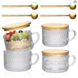 lot 48922 image: 4-Pack Vintage Glass Coffee Mugs with Bamboo Lids & Spoons - 14oz Clear Embossed Glass Cups for Iced Coffee, Overnight Oats Jars, Unique Housewarming Gifts for Women, Coffee Bar Accessories - Retail $20