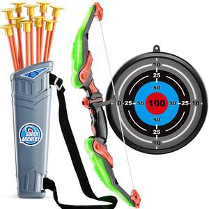 lot 48926 image: TEMI Kids Bow and Arrow Set - LED Light Up Archery Toy Set with 10 Suction Cup Arrows, Target & Quiver, Indoor and Outdoor Toys for Children Boys Girls - Retail $20