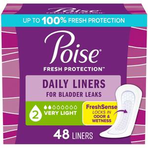 lot 51744 image: Poise Daily Liners, Incontinence Panty Liners for Bladder Leaks, 2 Drop Very Light Absorbency, Regular Length, 48 Count of Pantiliners, Packaging May Vary - Retail $7