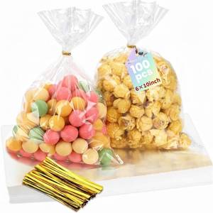 lot 51747 image: Bonison 100 Pcs Cellophane Treat Bags - 6x10 Inch Clear Cookie Flat Bags Plastic Candy Goodie Bag With Twist Ties, No Gusset for Cookies, Candy, Snacks, Party Favors - Retail $5