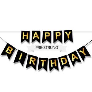 lot 51748 image: Happy Birthday Banner,Pre-Strung Black and Gold Party Decorations 16ft Pre-Strung Hanging Sign for Kids, Girls, Boys, Women No DIY, Backdrop Supplies - Retail $6