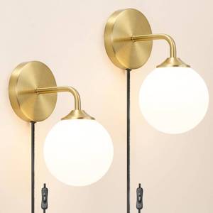 lot 55244 image: Gold Plug in Wall Sconce Set of 2, Wall Light Fixture with Plug in Cord OnOff Switch, Mid Century Art Deco Wall Lighting Fixture with Milky White Globe Glass Lampshade for Bedroom Living Room Hallway - Retail $60