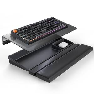 lot 55245 image: 3 in 1 Keyboard Stand wWrist Rest and Storage Tray - Klearlook Ultra Comfortable PU Leather Wrist Pad & Acrylic Keyboard Riser, 16.9x7.3 inch Tilt Adjustable Computer Keyboard Stand Holder-Black - Retail $22