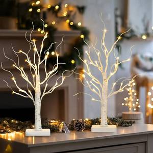 lot 55258 image: PABIPABI Lighted Birch Tree, 2 Pack Christmas Tree with 24 LED, Tabletop Centerpiece Artificial Tree Lights Battery Powered Timer for Home Office Bedroom Wedding - Retail $19
