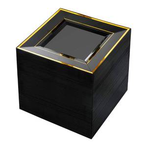 lot 55264 image: bUCLA 100PCS Black Square Plastic Plates with Gold Rim - 6 inch Disposable DessertAppetizerSmall Cake Plates for Party, Graduation & New Year - Retail $28