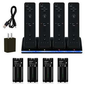 lot 55265 image: DTianSir 4 in 1 Wii Remote Charger,Charging Station with 4 Pack 2800mAh Rechargeable Battery,Plugs,USB Cable for WiiWii U Remote Controller (Black) - Retail $19