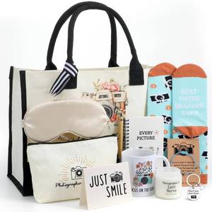 lot 55275 image: Leinuosen 12 Pcs Photography Gift Set for Women Trapezoid Grocery Canvas Tote Bag with Handle Makeup Bag Mug Scented Candle Novelty Socks for Photographer Appreciation Birthday Party Favors - Retail $28