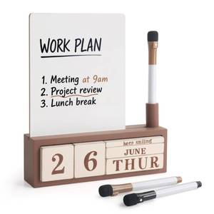 lot 55284 image: SELEAD Wooden Block Desk Calendar with Dry Erase White Board - Daily Desktop Perpetual Calendar Words Sign Quotes for Home Office Classroom Decor, Teachers Students - Brown - Retail $20