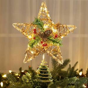 lot 55297 image: Brizled Christmas Tree Star, 10 Rattan Christmas Tree Topper with 30 LED Lights, Battery Powered Xmas Treetop with Red Berries & Pine Cones, Xmas Tree Top Ornament for Christmas Tree Home Decor - Retail $21