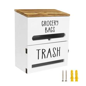 lot 25804 image: Liuceny 2 in 1 Trash Bag Dispenser, Double Wall Mounted,Wood Trash Bag Holder, used in kitchen, garage, laundry room, can store Environmentally friendly food bags and garbage bags (White) - Retail $34